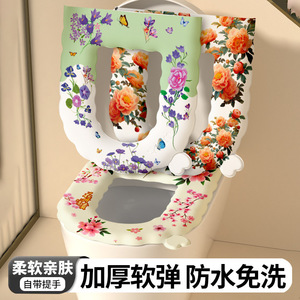 Couvre-siège de toilette rétro à fleurs, épaissi, imperméable, en EVA, universel, coussin de salle de bain, utilisable en toutes saisons - Product Image 3
