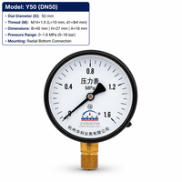 Y50 50mm Pengukur Tekanan Radial 0-1.6 MPa Kelas 1.6 Koneksi Kuningan M14x1.5 Manometer untuk Peralatan Pipa Air, Minyak, dan Udara