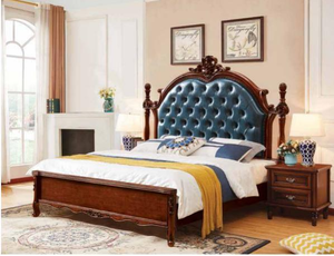 Traditional Queen Size Wooden Bed with Blue Tufted Faux Leather Upholstery and Carved Frame - Product Image 5