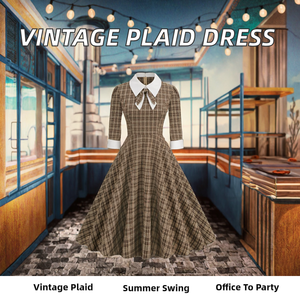 Women <b>Dresses</b> Wholesale Vintage Style Summer Autumn Plaid Print Knee-Length Bow Office Party <b>Rockabilly</b> Swing Retro <b>Plus</b> <b>Size</b> - Product Image 2