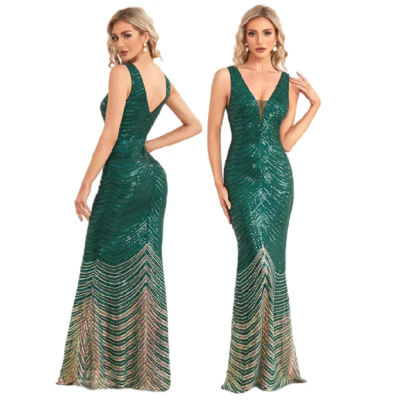TW00055 Latest Design Fashion Green Party Dresses Women Sleeveless V Neck Sequin Gowns For Women Evening Dresses