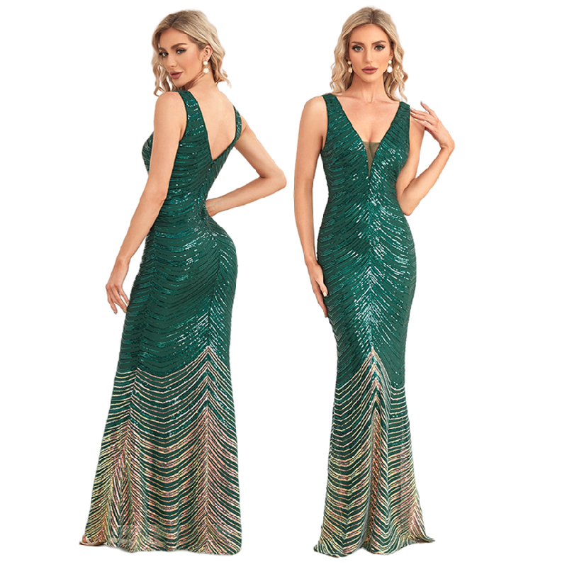 TW00055 Latest Design Fashion Green Party Dresses Women Sleeveless V Neck Sequin Gowns For Women Evening Dresses