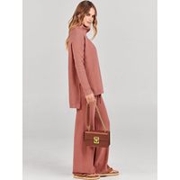 Ensemble pull tricoté femme FOXA, col roulé oversize et pantalon large, tenue décontractée respirante en polyester et coton, modèle ANRA Needle
