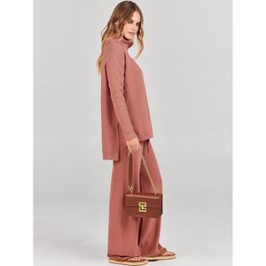 Ensemble pull tricoté et pantalon large à col roulé pour femme FOXA – Tenue décontractée respirante en polyester et coton – Collection Automne 2025 - Product Image 3