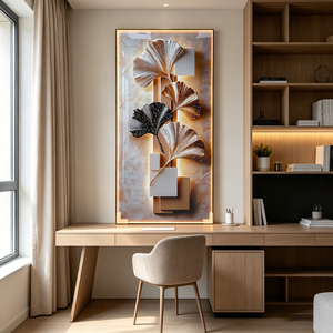 Pintura LED Vertical de Porcelana con Hojas de Ginkgo Doradas, Arte de Pared LED Abstracto para Entrada, Decoración del Hogar, Impresión HD Personalizada - Product Image 2