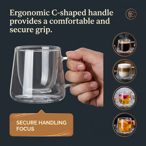 Taza de Café de Vidrio Borosilicato de Doble Pared, Diseño Minimalista con Efecto Flotante, Resistente al Calor, Asa Aislada, para Adultos, Té, Latte - Product Image 5