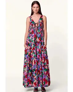 2023 여름 다채로운 꽃 탄성 허리 접기 레이어드 깊은 V 넥 어깨 스트랩 걸레질 우아한 섹시한 플러스 사이즈 여성의 드레스