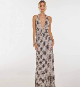 Nuovo Abito Lungo <span class=keywords><strong>Sexy</strong></span> con Scollo a V Profondo, Senza Schienale, Slim Fit, a Pois, con Collo Halter, Moda Primavera-Estate - Product Image 3