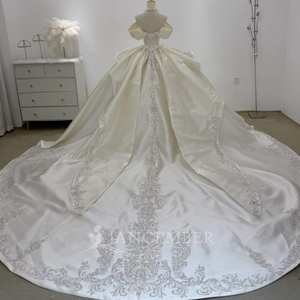 Lsjj144 Elegant Ivory Bridal Ball Gown Sweetheart Beaded Bodice <b>Silver</b> Applique Satin Draped Skirt Wedding <b>Dress</b> Chapel Train - Product Image 3