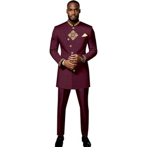 Ensemble 2 pièces GUYAWAX pour <span class=keywords><strong>homme</strong></span>, tendance, coupe ajustée, en polyester, haut à manches longues et pantalon, col montant, boutons obliques, style africain - Product Image 6