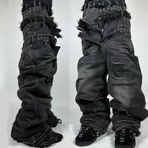 MZN erkek yüksek kaliteli tasarımcı kot lüks sıkıntı taş yıkama ağır Baggy Flare pantolon Streetwear tarzı siyah - Product Image 1
