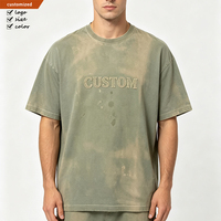 T-shirt personnalisé streetwear vintage, effet usé, délavé au soleil, en coton vert délavé à l'acide pour hommes