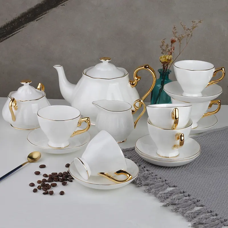 Luxury Platinum 15-Piece Coffee Bone China British Tea Cup Set White Porcelain Teapot Set