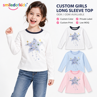 T-shirt à manches longues personnalisé pour filles, imprimé étoiles, col rond contrastant, pour tout-petits et enfants, vente en gros OEM ODM