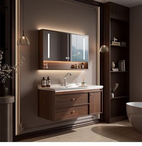 Meuble de salle de bain mural rectangulaire multifonctionnel en bois massif chinois, avec miroir et évier simple, pour la maison - Product Image 5