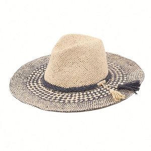 Chapeau de paille Panama à large bord tressé à la main, style européen et américain, élégant, rayé, décontracté, pour la plage et les vacances, collection 2025 - Product Image 5