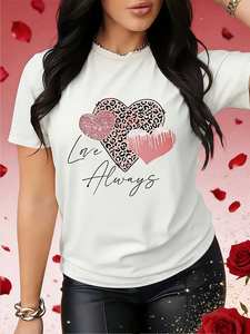 T-shirt da donna a maniche corte con stampa Love Always Leopard Heart, girocollo, casual, 100% cotone, top primaverile/estivo - Product Image 3