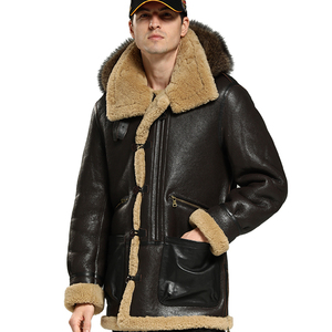 Giacca da <span class=keywords><strong>uomo</strong></span> calda in pelle di pecora con pelliccia, giacca bomber B-3 in vera pelle con cappuccio - Product Image 5