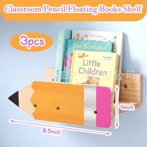 Wooden Pencil Shaped <b>Wall</b> Shelf 3 Tier Floating Book <b>Storage</b> For Kids Room Decor - Product Image 5