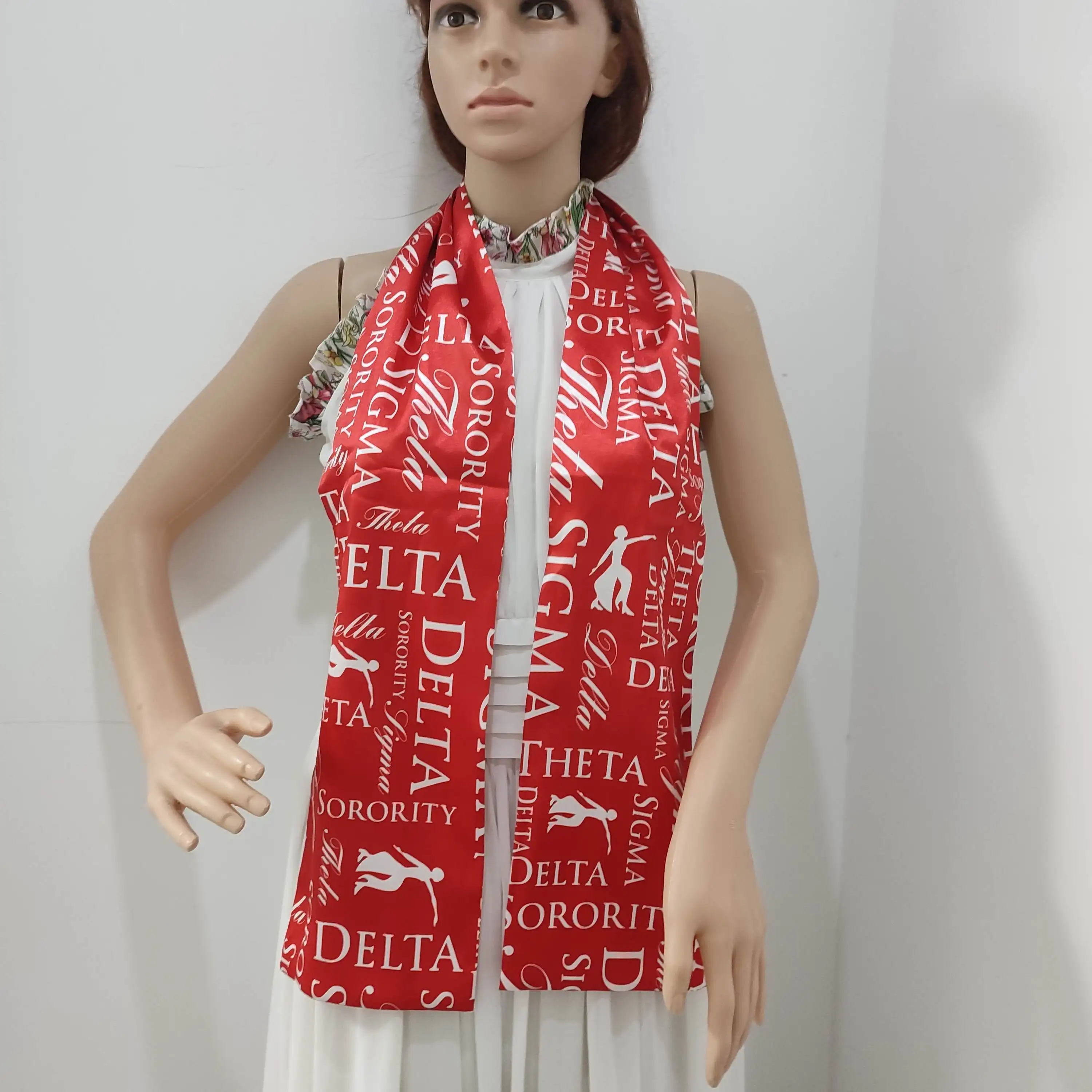New Arrivals Sorority Greek Letters 155x16cm Double Sided Printing Red and White soft Imitated Silky scarf