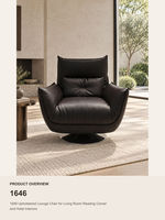 Fauteuil pivotant moderne en cuir noir à dossier haut, fauteuil de salon avec piétement disque, chaise de lecture pour salon