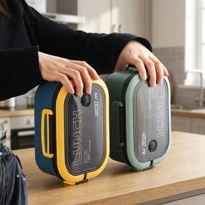Boîte à lunch isotherme à double étage de grande capacité 1200 ml, écologique, lavable au lave-vaisselle, réutilisable, durable, en plastique, 3 compartiments - Product Image 3