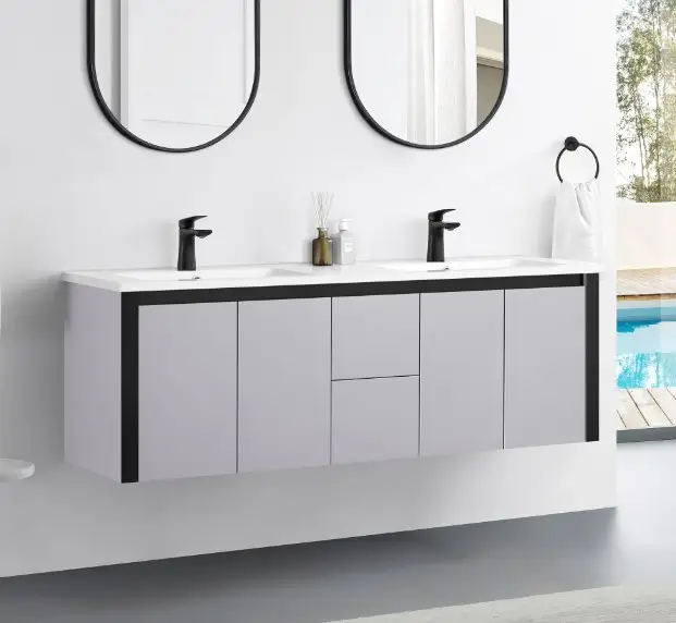 Derniers meubles de salle de bain en bois imperméables suspendus au mur avec évier et armoire latérale