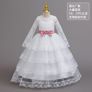 Robe de bal en dentelle bleue pour filles, avec nœud rose, manches longues, jupe en tulle, pour fête d'anniversaire, spectacle sur scène - Product Image 2