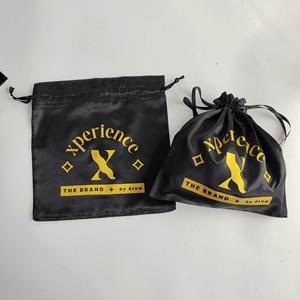 Custom Black Satin <b>Drawstring</b> Bags with Gold Logo Print - Luxury Packaging <b>Pouches</b>- Hair Extension <b>Pouches</b> - Product Image 1