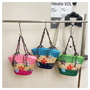 Sac à main tressé <span class=keywords><strong>en</strong></span> paille <span class=keywords><strong>de</strong></span> blé JIANUO, style bohème, fait main, avec perles et étoile <span class=keywords><strong>de</strong></span> <span class=keywords><strong>mer</strong></span>, grand format, tendance, vente <span class=keywords><strong>en</strong></span> gros - Product Image 2