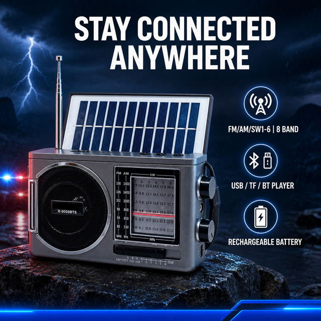 OEM Customized CE-certified Portable Plastic Solar Panel Radio FM/AM/SW1-6 USB/TF/BT Music Player Flashlight Rechargeable