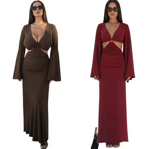 Vestido Maxi Sencillo de Color Liso, Teñido, Ecológico, Transpirable, con Cuello en V, Estilo Sirena, Cintura Natural, Mangas Murciélago, Corte Regular, para Otoño - Product Image 1