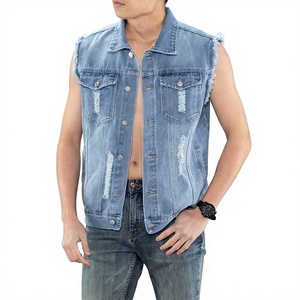 เสื้อกั๊กยีนส์ผู้ชายแบบสั่งทำพิเศษ แขนกุด แต่งขาดสไตล์วินเทจ สีน้ำเงิน  ผู้ผลิต OEM ODM - Product Image 1