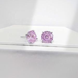 Pendientes de plata de ley 925 con circonita cúbica rosa y amarilla, joyería fina para niñas, pendientes de tuerca con piedra tallada en forma de rosa. - Product Image 1