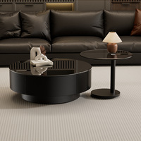 Table basse moderne de luxe légère en verre trempé rond avec double tiroir de rangement et structure métallique pour salon