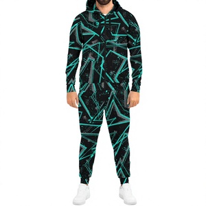 Men's Geometric Print Tracksuit Hooded Full Zip Sweatshirt and Pants Set Streetwear Breathable <b>Polyester</b> <b>Jogger</b> Outfit - Product Image 1
