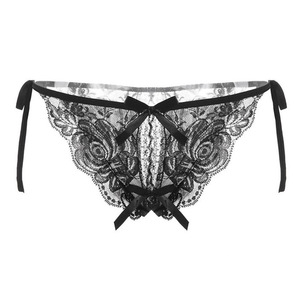 Tanga sexy de encaje negro con lazo y entrepierna abierta transparente para mujeres jóvenes - Product Image 5