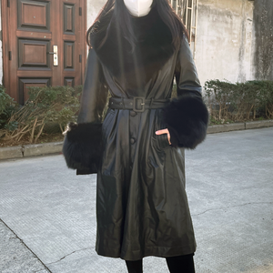 QIUCHEN-abrigo de cuero QC21123 para mujer, gabardina larga de lujo con piel de zorro grande - Product Image 5