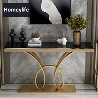 Table console moderne en métal, cadre doré, plateau noir, pour hall d'entrée, couloir, projets hôteliers et villas