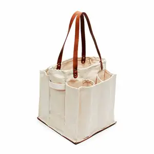 Bolsa de sacola resistente natural de algodão, bolsa de sacola com alças de couro vegano durável