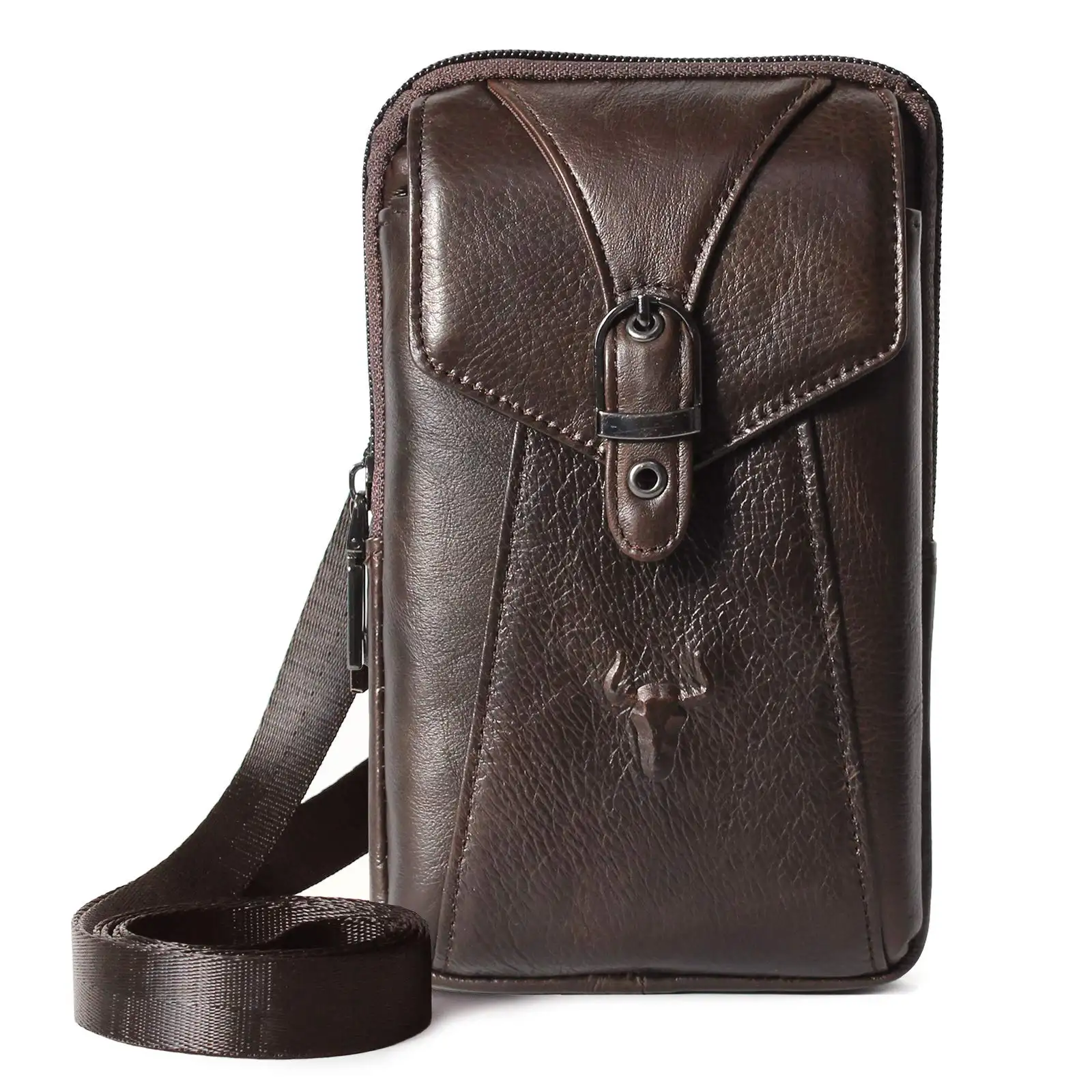 Leather Vertical Men Cell Phone Belt Loop Holster Case Waist Bag Mini Travel Messenger Pouch Crossbody Pack Purse Wallet