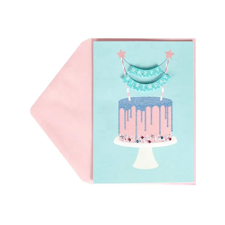 3D Handmade Birthday Cake Card, Iridescent Glitter Birthday Greeting Cards with Pink Envelope