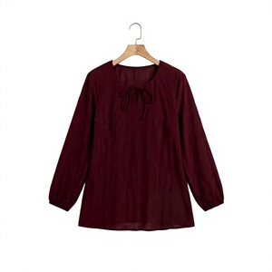 เสื้อชีฟองสีแดงเบอร์กันดีสำหรับผู้หญิง พร้อมโบว์ผูกด้านหน้า แขนทรงบอลลูน ทรงหลวม คอทรงโอ เสื้อลำลอง - Product Image 1