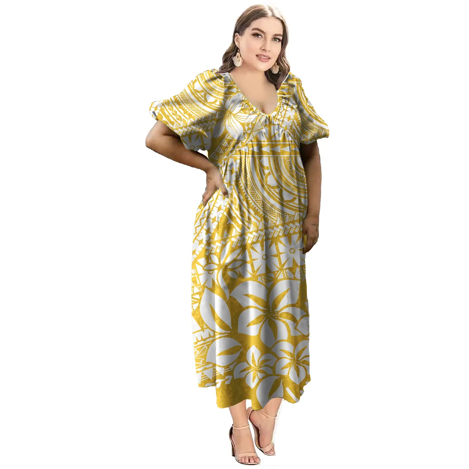 Vestido Maxi Polinésia Ilha Verão elegante para mulheres com estampa tribal Puletasi Samoano Arte do Pacífico