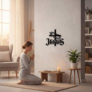 งานศิลปะติดผนังรูปพระเยซูพร้อมไม้กางเขนประดับมงกุฎหนาม ทำจากโลหะ สัญลักษณ์คริสเตียน "ทาง ความจริง ชีวิต" เหมาะสำหรับตกแต่งบ้าน ห้องนั่งเล่น หรือโบสถ์ - Product Image 4