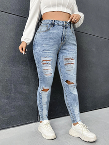 <span class=keywords><strong>Jeans</strong></span> Skinny Strappati da <span class=keywords><strong>Donna</strong></span> Taglie Forti a Vita Media in Denim Elasticizzato Effetto Usurato con Dettagli Strappati Poliestere/Cotone - Product Image 3