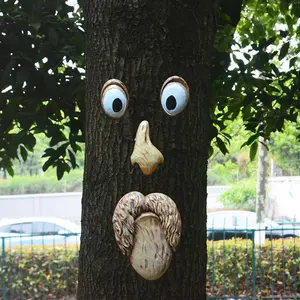 ホット販売樹皮ゴーストフェイス顔の特徴装飾気まぐれな彫刻老人の木面白い庭アートツリーの装飾