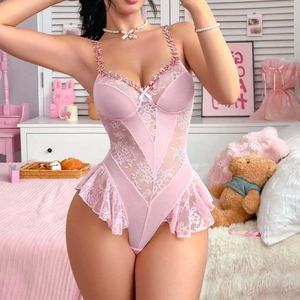 Body en dentelle européenne rose radieuse, style Teddy, sexy et audacieux, pour femme, ensemble uniforme séduisant, pur désir - Product Image 4