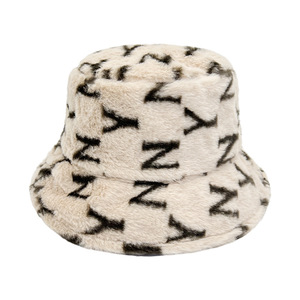 Ny Letter Faux Rabbit Fur Bucket Hat Women Winter Thickened Warm Plush Fisherman Hat Fashionable Youthful White Gray - Product Image 2