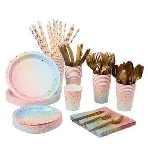 Rose Gold Paper Tableware Descartável Golden Dot Party Fornecedor Baby Girl Chuveiro nupcial Placa De Casamento Set